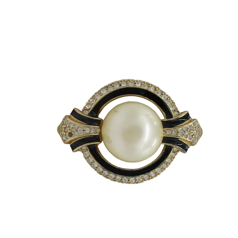 Vintage Ciner Rhinestone Black Enamel Pearl 1980s Deco Goldtone Openwork Brooch